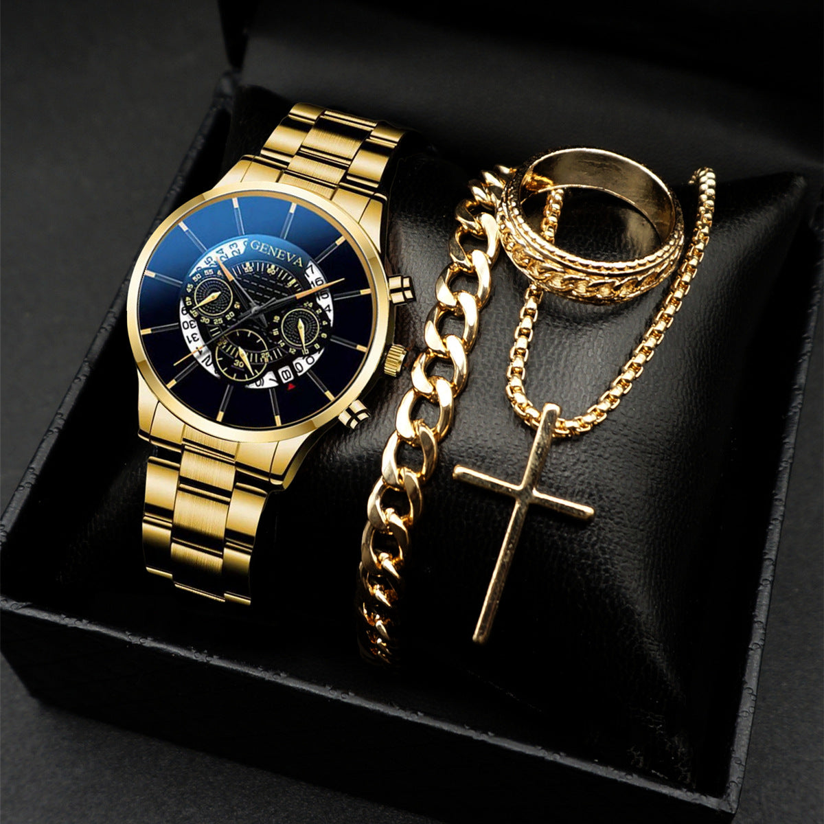 Set de Accesorios Elegantes para Hombre – Reloj, Pulsera, Anillo y Collar Cruz