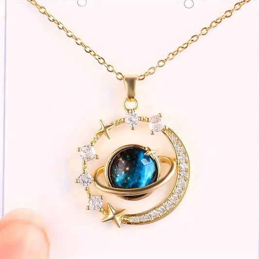 Collar Universo Dorado – Planeta y Luna ✨