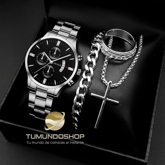 Set de Accesorios Elegantes para Hombre – Reloj, Pulsera, Anillo y Collar Cruz