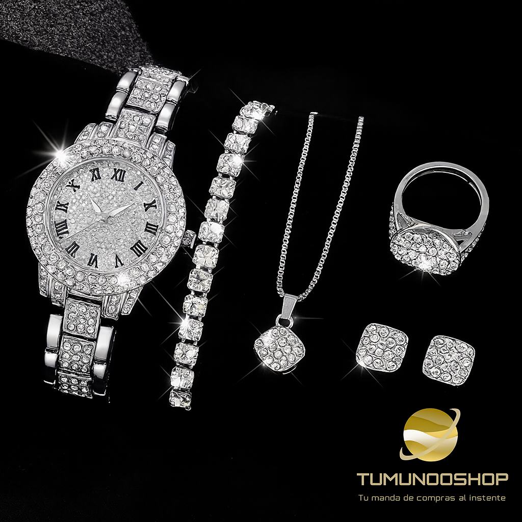 Set de Reloj y Joyería de Lujo para Mujer – Estilo Brillante
