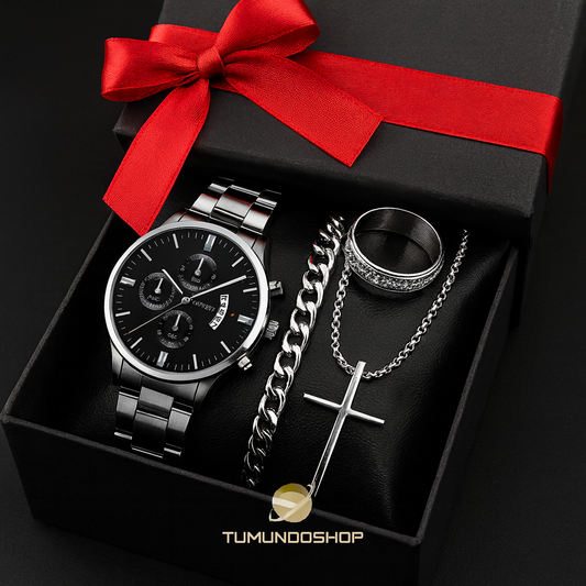Set de Accesorios Elegantes para Hombre – Reloj, Pulsera, Anillo y Collar Cruz